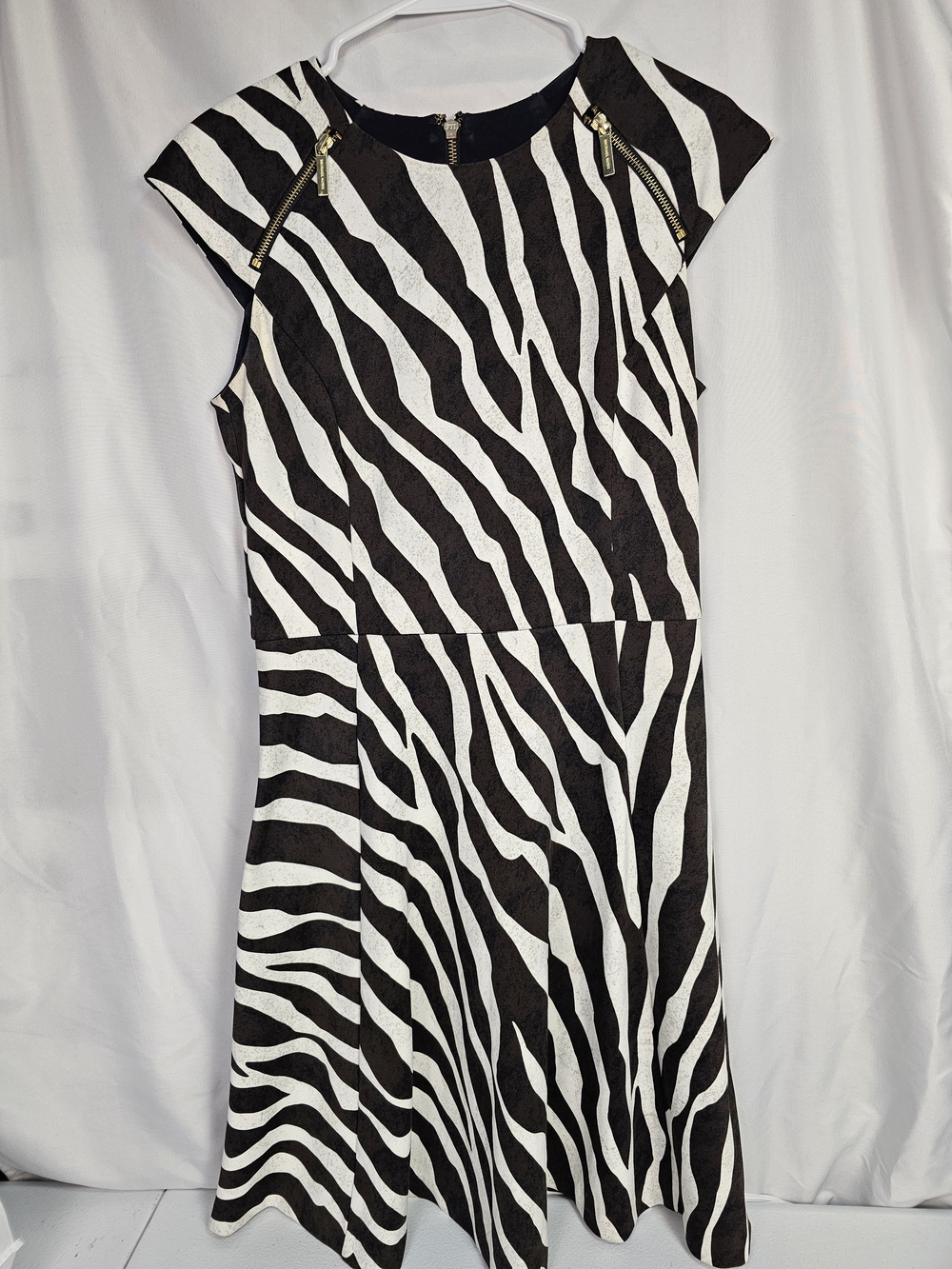 Zebra Print A-Line Dress with Gold Zipper Accents